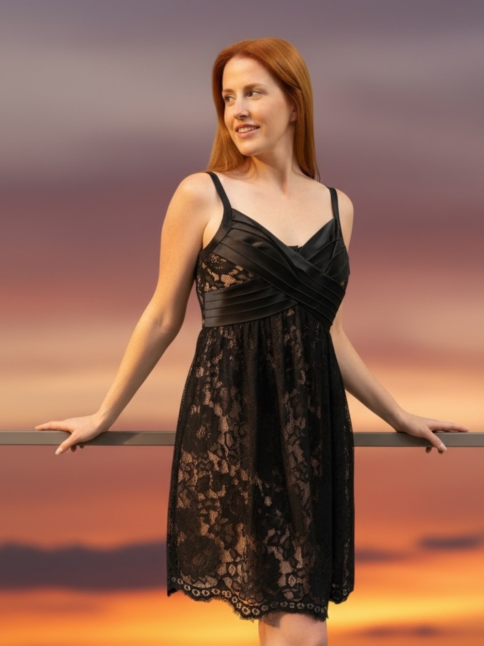 BCBGMaxAzria Black Lace Pleated Bodice Mini Dress